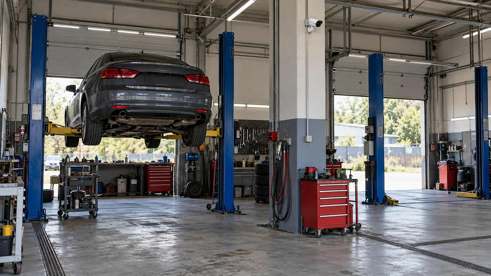 Иллюстрация ремонтных постов автосервиса с камерой на колонне