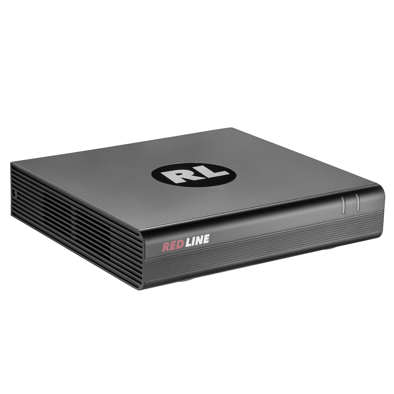 Чёрный регистратор REDLINE RL-NVR8x8.AIR, вид спереди и сверху.