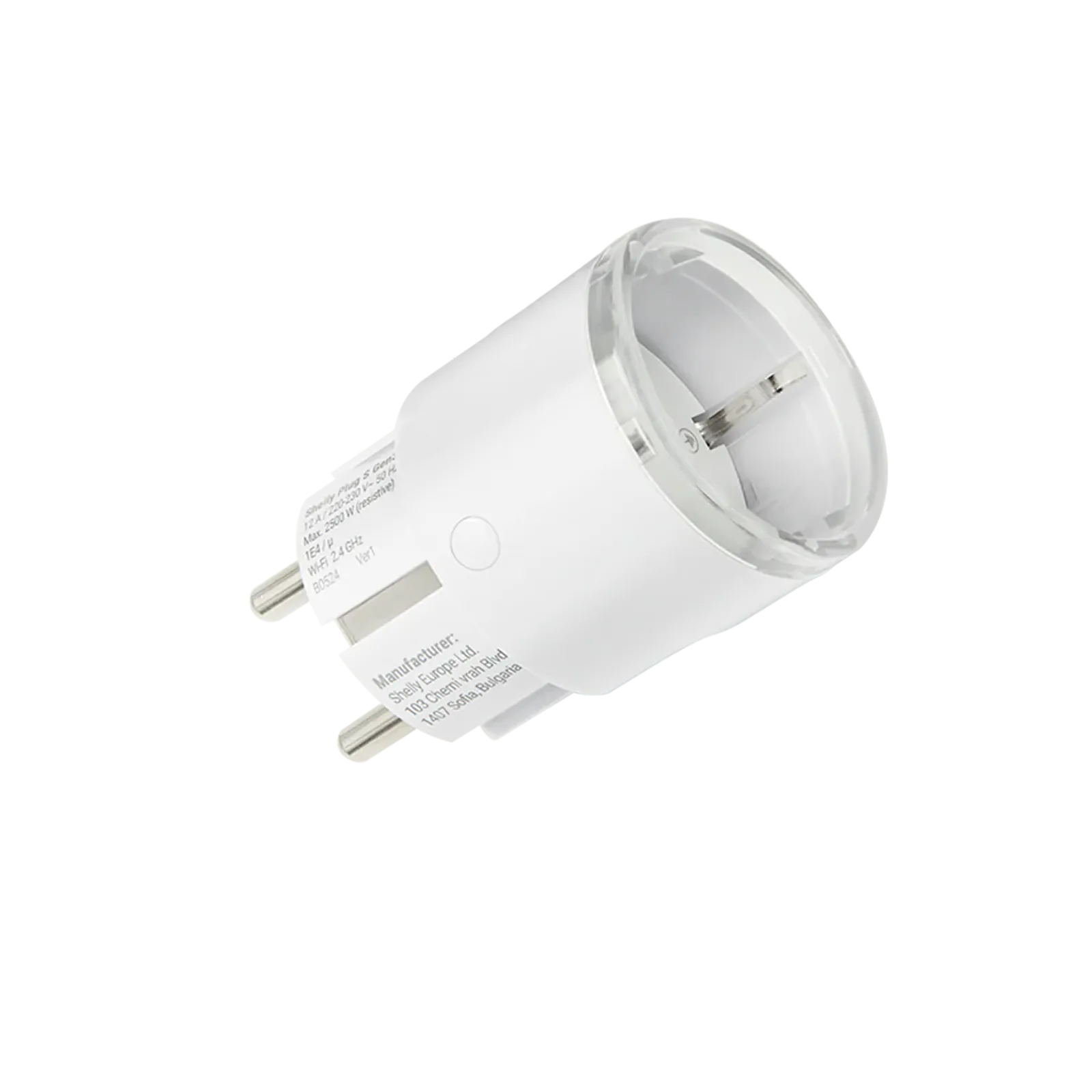 Белая умная розетка Shelly Plug S Gen3 с вилкой и гнездом для подключения прибора.