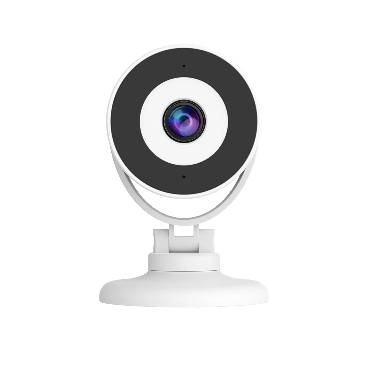 Белая камера CTV-HomeCam Mini 2 с круглой чёрной передней панелью на подставке.